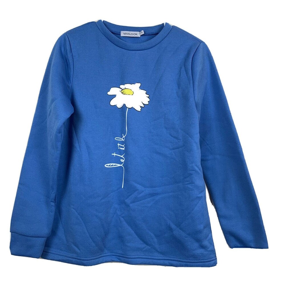 Misslook Top Blouse Pullover Shirt Blue Long Sleeve Crewneck Women's Small